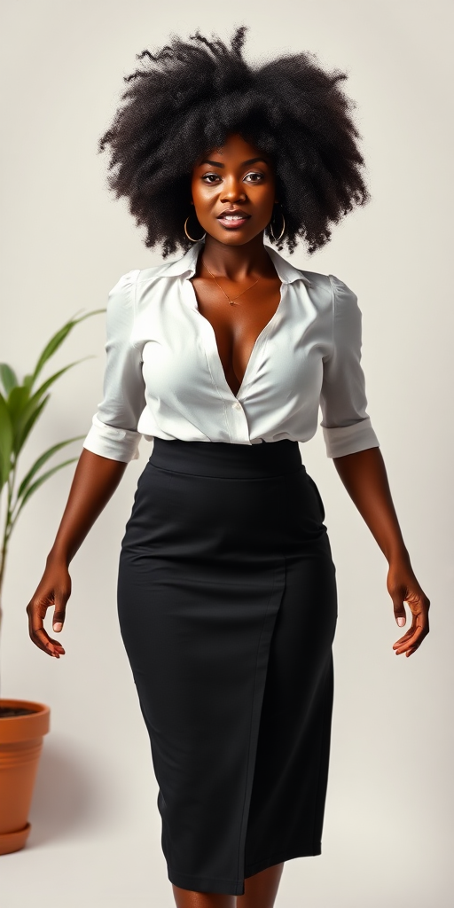 a fullbody photo of an african woman with big breasts with an afro wearing a black high waisted skirt and a white blouse with cleavage