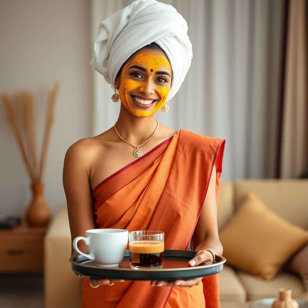 slim, 30 year old, indian Bride, towel head, turmeric face mask, saree. She is smiling and serving coffee on a tray in living room.