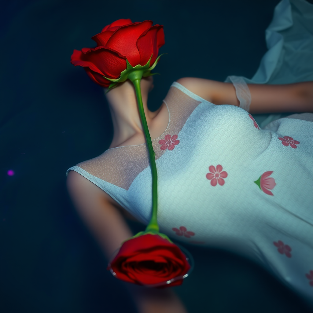 A red rose bouquet head, no human, front view, wearing a white textured dress with pastel minimal floral print design, closeup shot, hyperrealistic, lying inside water with blue and pink effect, nighttime, dark