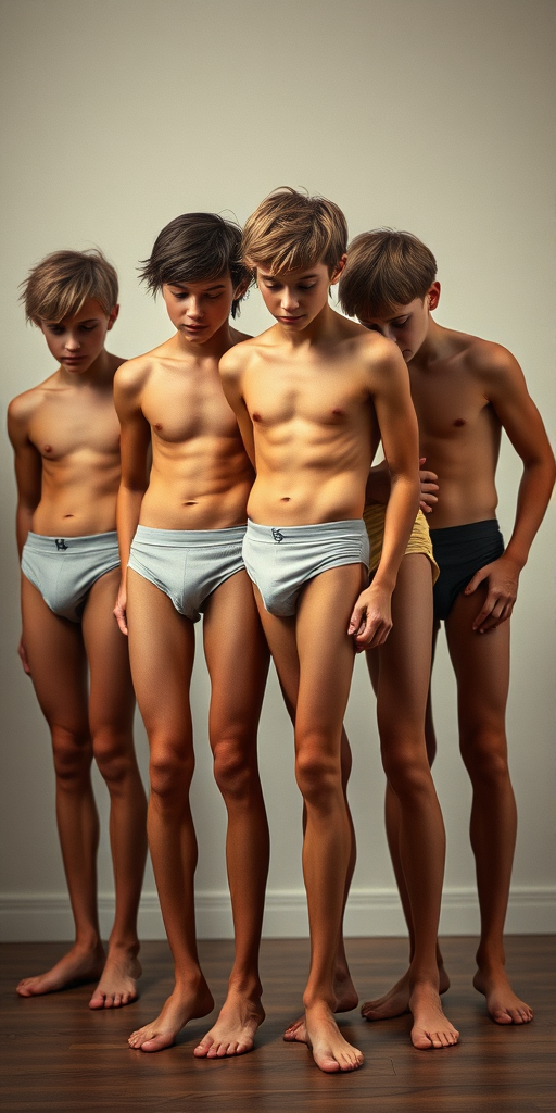 photorealistic, ultra high resolution, 16K, group of skinny teen boys wearing tight ballet briefs, long legs, bare thighs, long hairs. Full length view. Vintage photo,