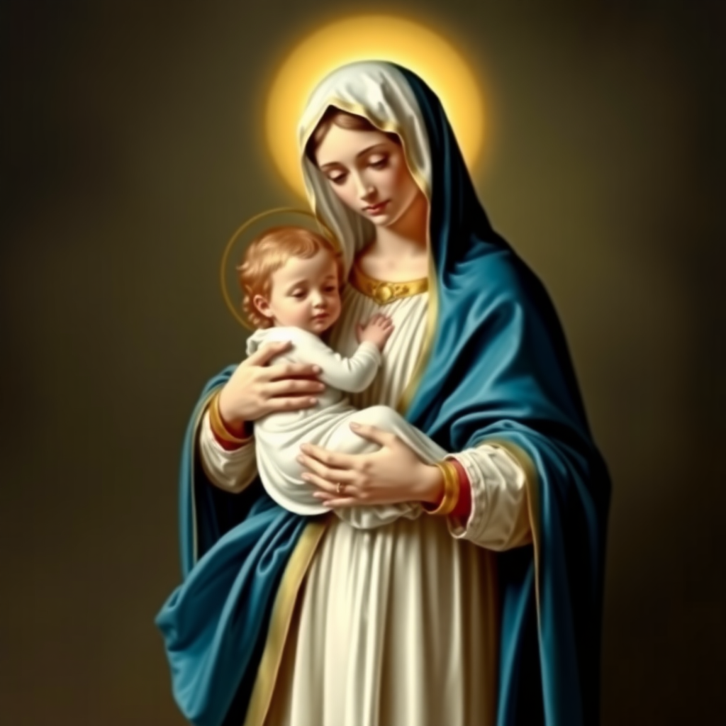 Beautiful Madonna dressed in blue and white in a long gown holding the baby Jesus in her arms.