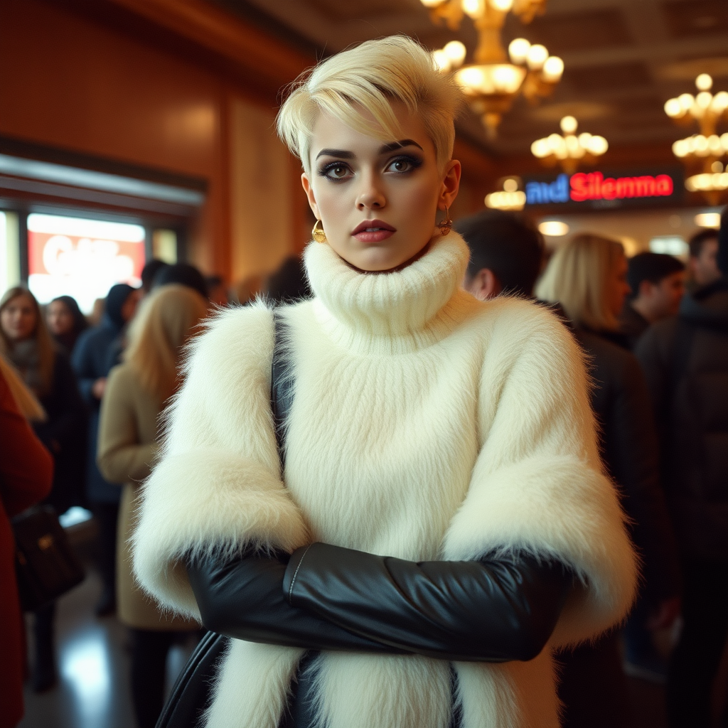 1990 winter evening, crowded cinema lobby: Sam, 19 years old beautiful involuntary femboy, rebellious intractable character, petite boyish figure, platinum blond boyish rebel punk hairstyle, flawless heavily made-up face with sharp arched tattooed eyebrows, wearing Supertanya-style fluffy very fuzzy bright white angora long turtleneck-poncho fully covering body and arms, black leather high-heeled thigh-high boots, gold earrings, puzzled alarmed, pout serious, impatiently waiting for her master. Focus on Sam’s face and turtleneck-poncho.