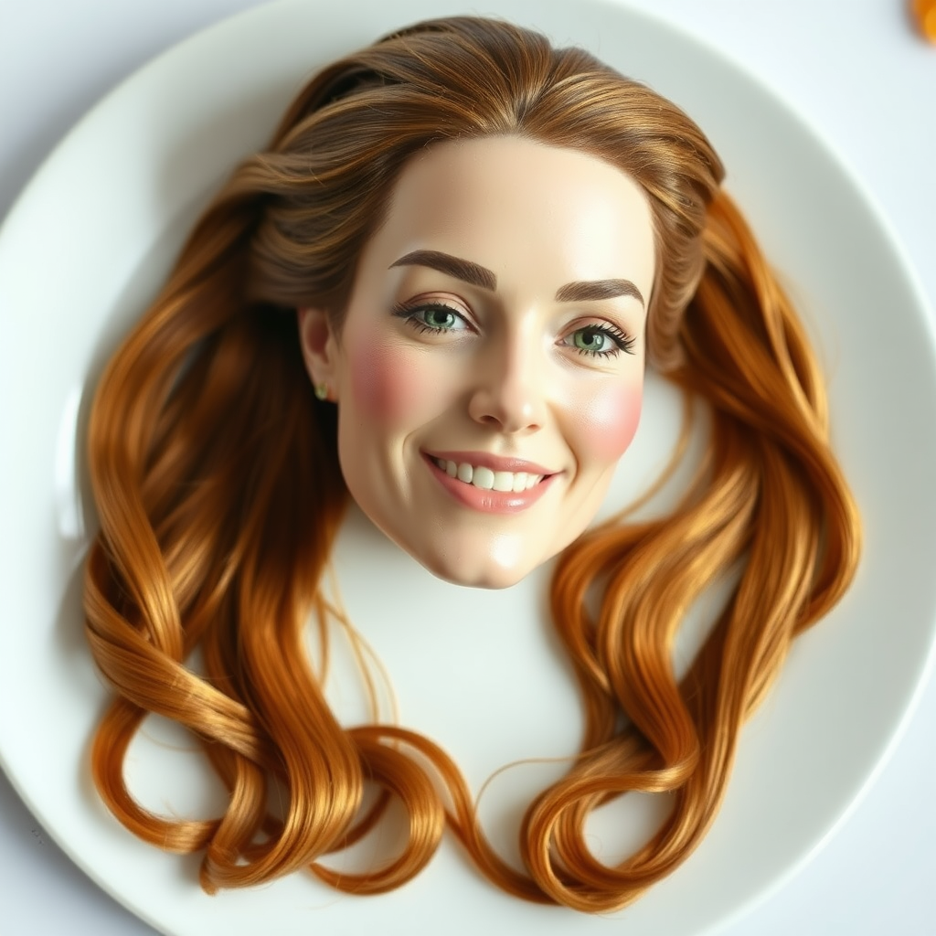 In a surreal and whimsical culinary display, Kate Middleton's disembodied head is elegantly arranged on a pristine, white porcelain plate. Her long, flowing hair cascades luxuriously around the edges, each strand meticulously crafted to shimmer in the ambient light, reminiscent of spun gold. The delicate features of her face, perfectly sculpted, convey a serene expression, with a soft, inviting smile that radiates warmth and grace.