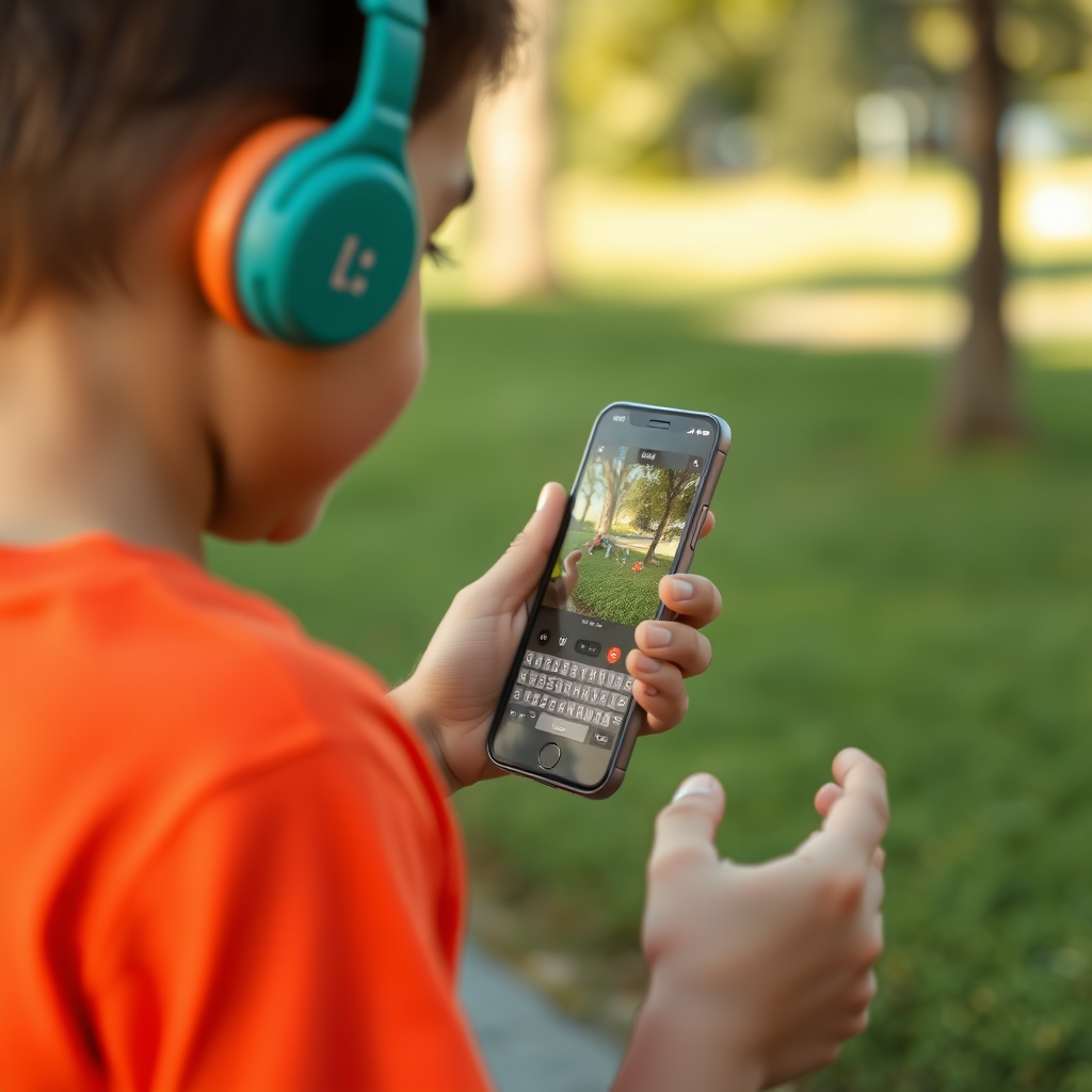 full real image of a kid using a phone turning right