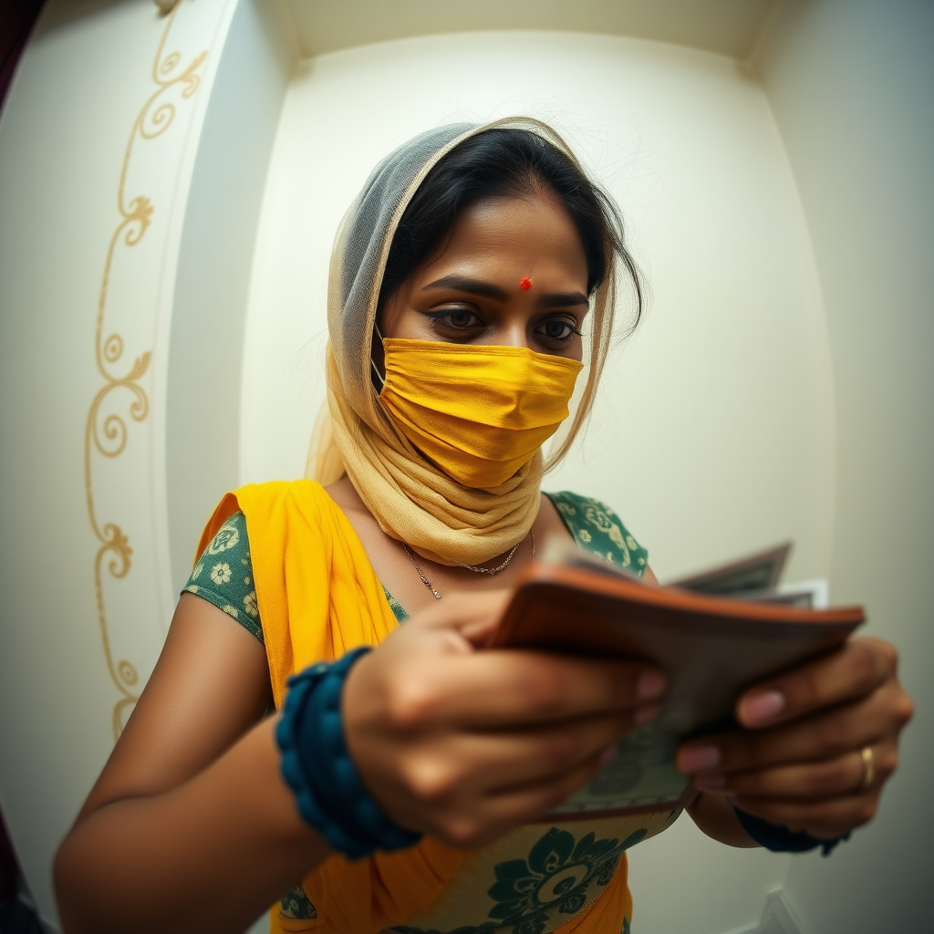 wide angle image of a slim, curvy, 30 year old indian maid with hair covering, turmeric face mask. she is stealing money from wallet.