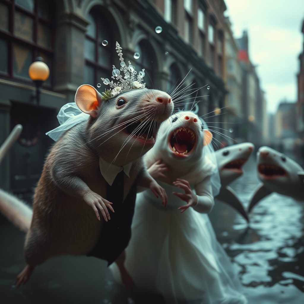 A rat wedding being attacked by hammerhead sharks, no text, Lovecraftian, in Amsterdam