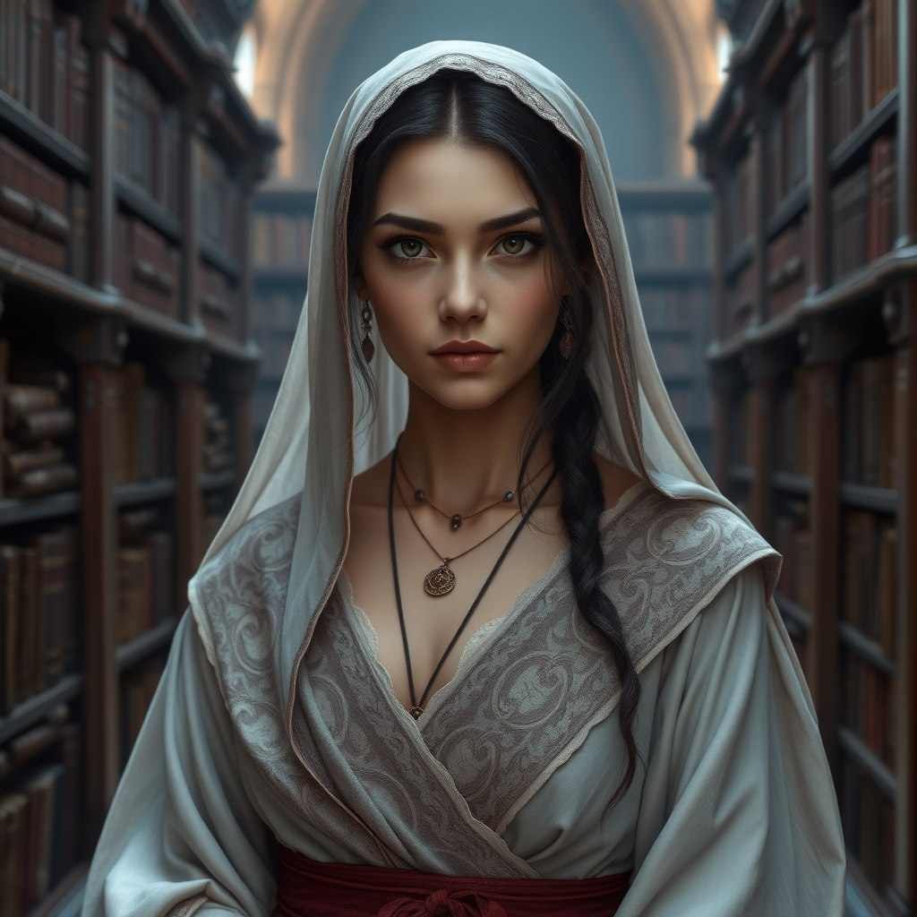 In the world of Vampire the Dark Ages, a beautiful and enchanting 17-year-old Muslim woman with Arab features and a corpse-like complexion, dressed like a medieval Persian woman. The image should show the character from head to waist without revealing her hair or neck. The background should depict a medieval library. High definition, photorealistic, 16K.