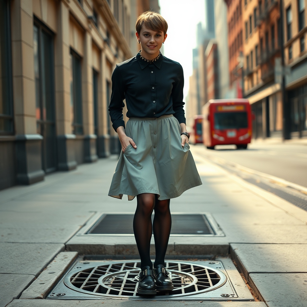 photorealistic, ultra high resolution, 16K, surreal fantasy, soft studio lighting, Tyler Swift is a pretty 18 year old goth male, slim male physique, auburn hair, goth makeup, earrings, shiny black pantyhose, UK girls-school uniform, Mary-Jane shoes, spikey neck collar, standing over a ventilation grate in the sidewalk of a street in New York City, the air has blown his dress up above waist level to expose his pantyhosed bottom, in daylight, excited smile, facing the camera.