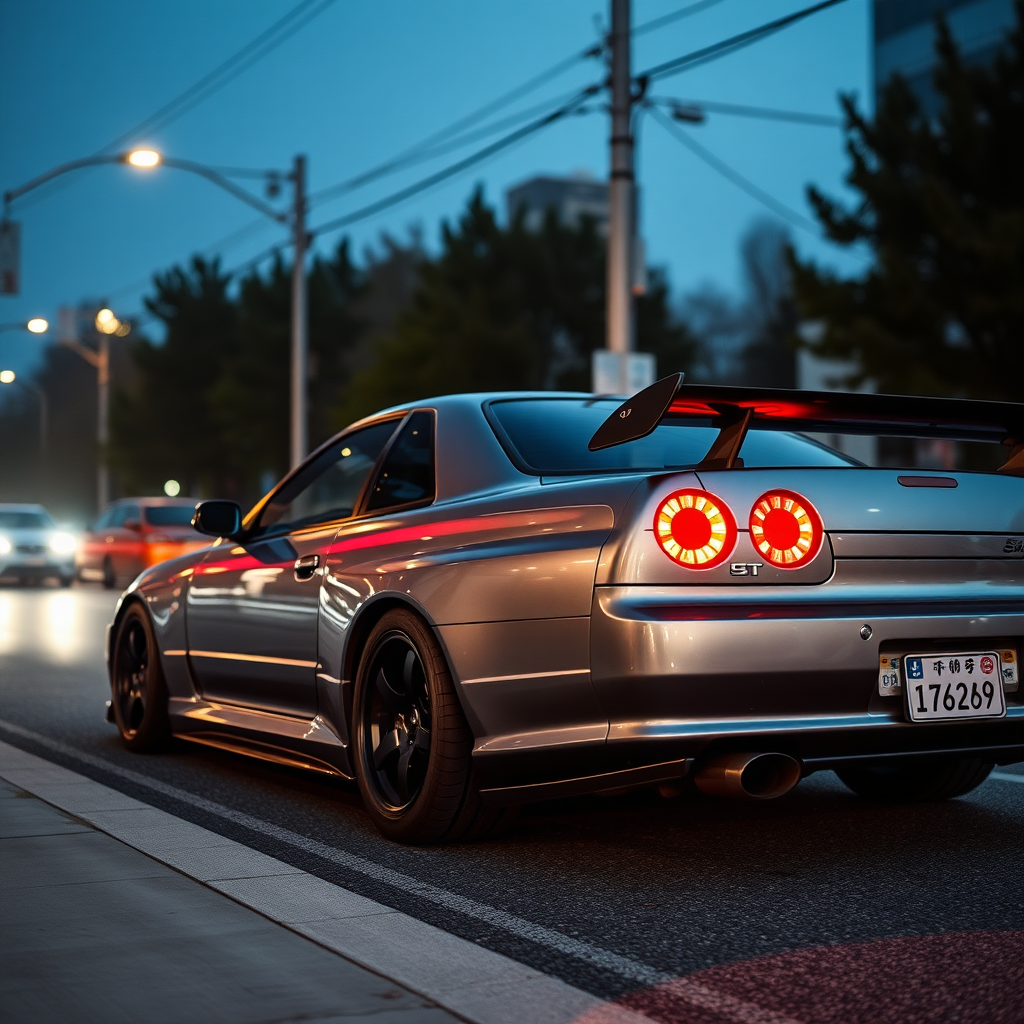 The car is parked on the side of the road, inspired by Taiyō Matsumoto, tumblr, restomod, nd4, c4 metallic shine gray black nissan skyline r34 tokyo arkaplan hatasız tam eksiksiz ayrıntılı genel gerçek detaylar en iyi fotoğraf poz sinematik hafif yağış su damlalar ıslak yol need for speed tarzı body kit