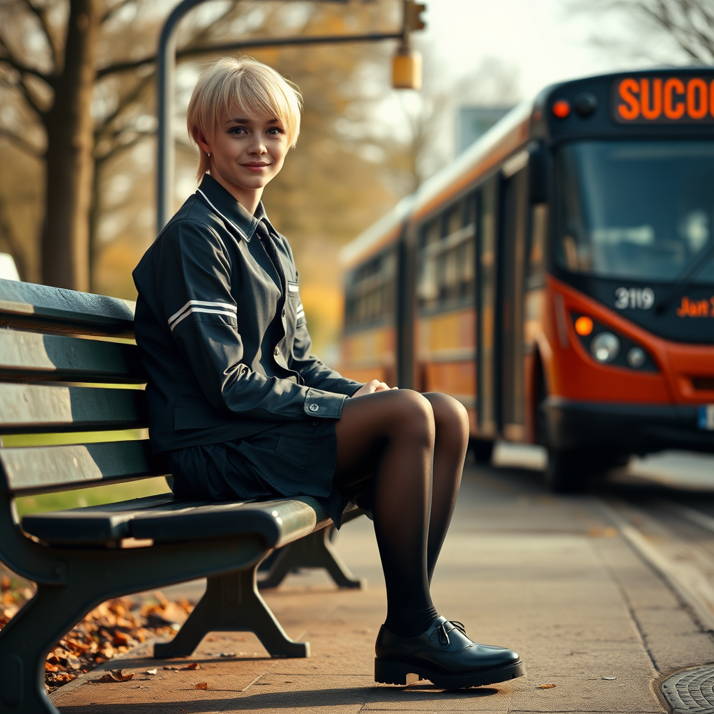 photorealistic, ultra high resolution, 16K, surreal fantasy, soft studio lighting, a pretty 18 year old goth male, slim male physique, short blonde hair, goth makeup, earrings, shiny black pantyhose, UK girls-school uniform, Mary-Jane shoes, sitting on a bench waiting for the school bus, in daylight, excited smile, facing the camera.