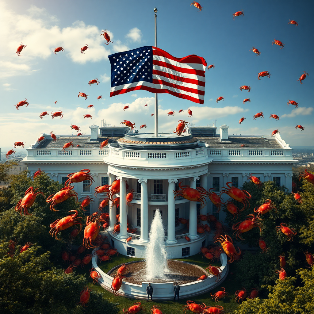 aerial shot of lots of crabs invading the White House, American flag floating on top of the flagpole on top of the White House, secret agents scrambling to stop the invasion, photorealistic