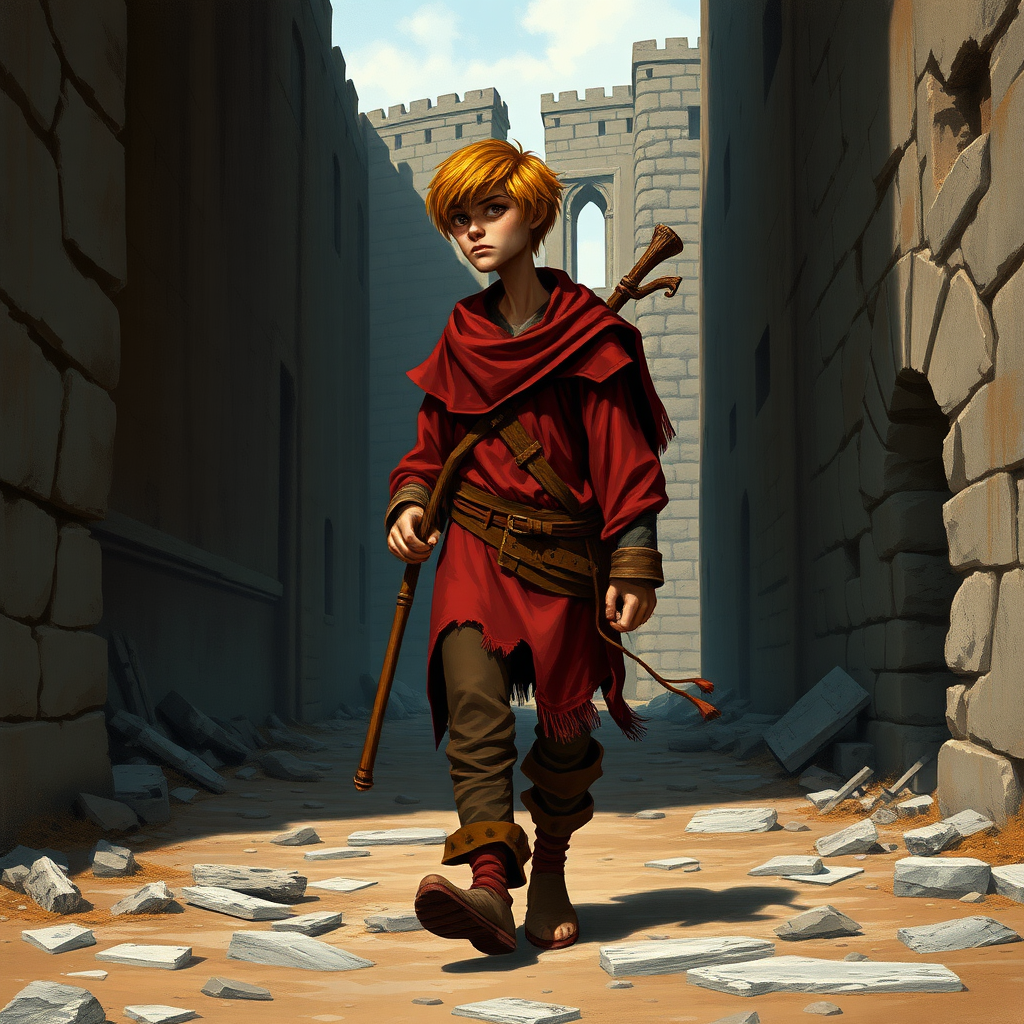 A small, skinny kobald in a tattered red tunic and dirty brown pants wearing a quaterstaff on his back as he walks through a ruined castle.