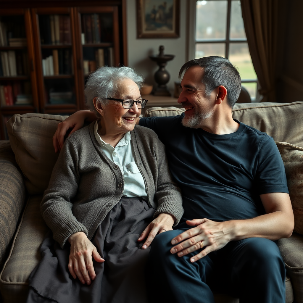 In a scene viewed from an angle and slightly above: In an old-fashioned English living room, a very frail, small and thin, very old and elderly English lady with a kind smile, short, thinning white curly hair, wrinkled face, neck and skin, wearing thin framed glasses, an old cardigan, blouse and long skirt is sitting on a sofa with an English man about 40 years old, grey stubble on his chin, brown hair, sitting close next to her on the same sofa, wearing a black T-shirt and dark blue jeans. The man and woman are smiling at each other. The woman is looking at the man's eyes and smiling. The man is looking at the woman's eyes and smiling.