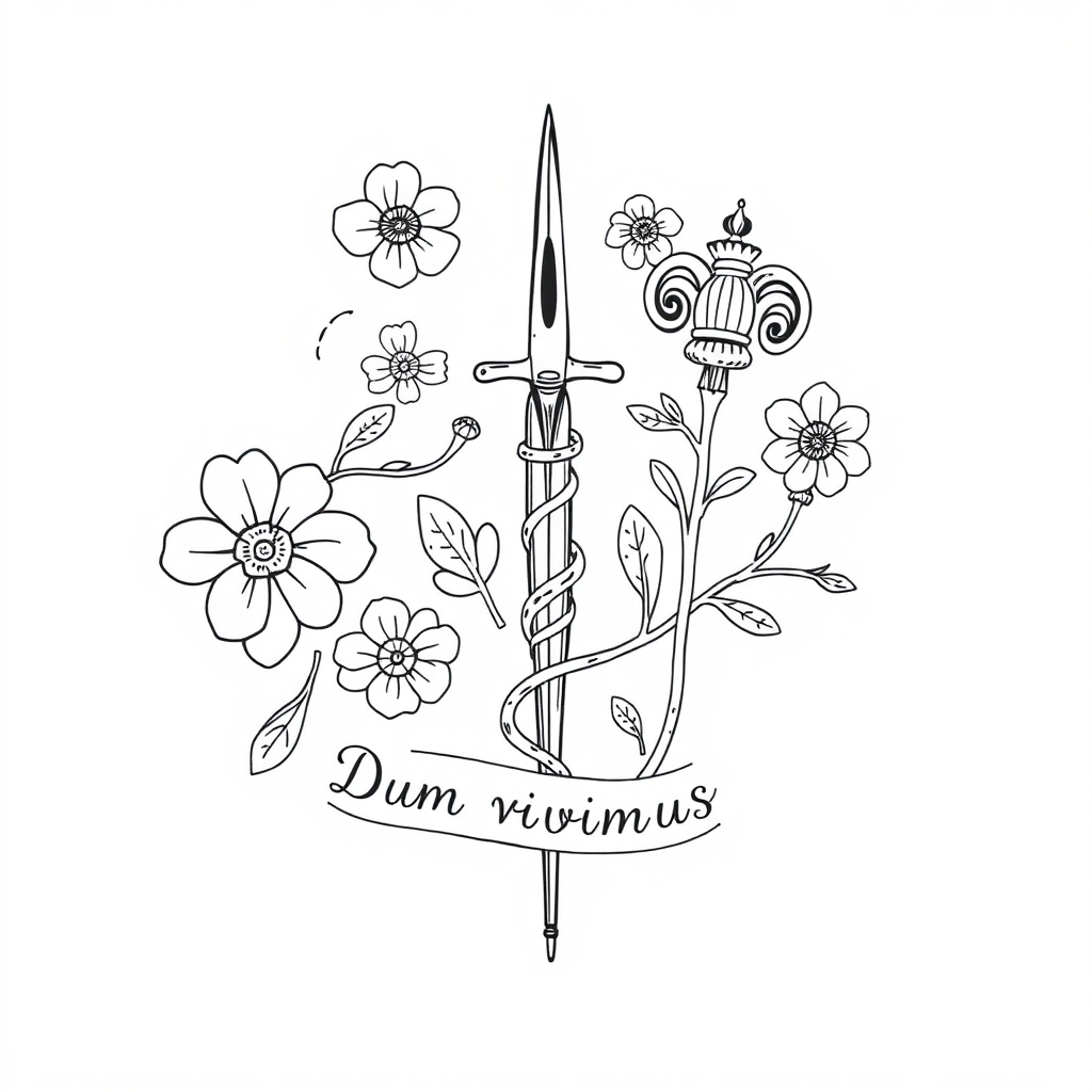 a black on white, floral, line design containing a scalpel, an asclepius staff, and a line of text saying "Dum vivimus, vivamus"