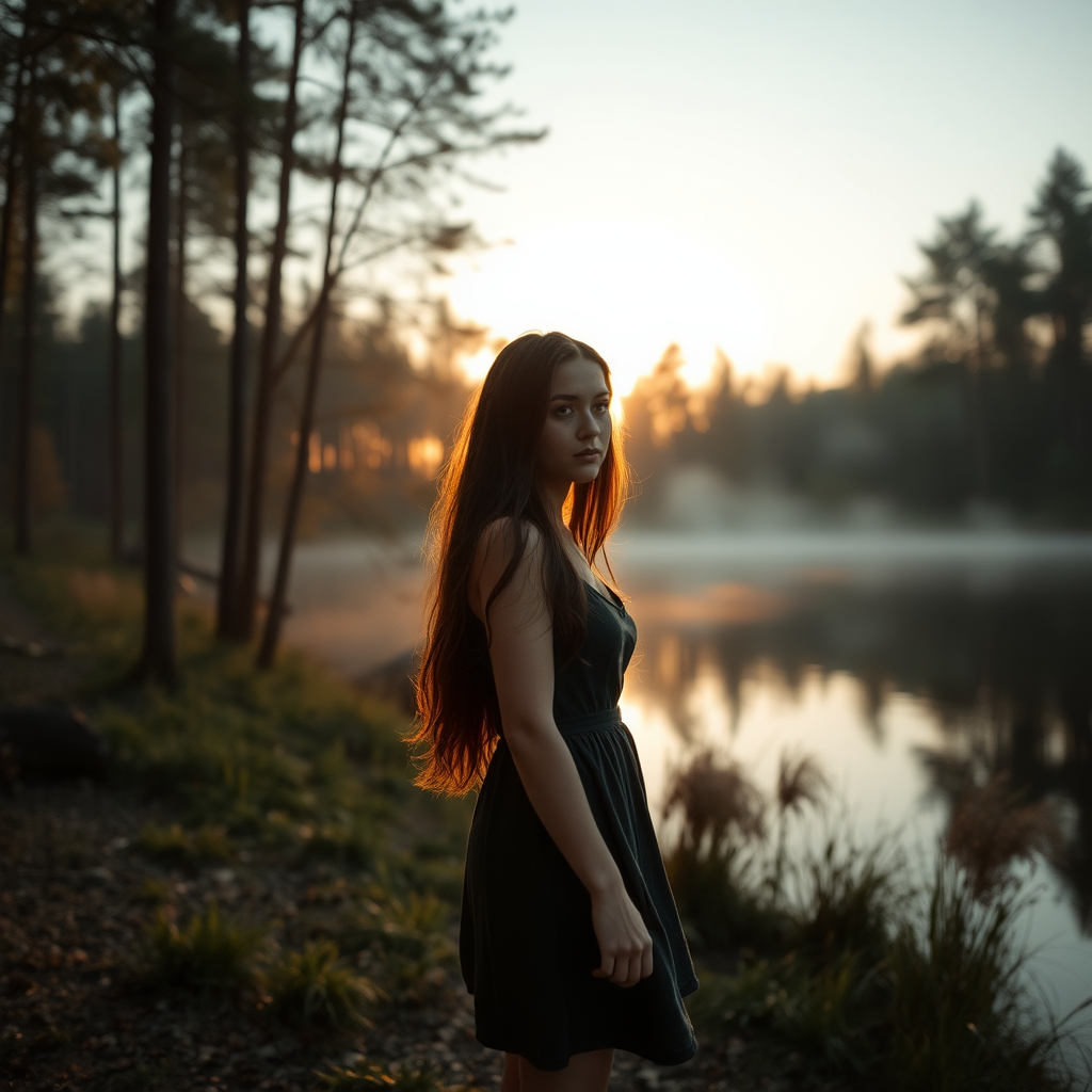 a young woman standing next to a lake in a forest. long brunette hair. she is wearing a dress and sneakers. she is looking around anxiously. the sinking sun is falling through the trees. a little fog is rising from the lake. light like in fairy tale, a bit mystic. photo