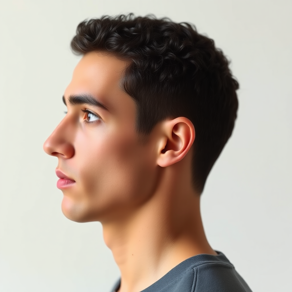 Model man in profile, very short fine curly hair, oval face, small nose, brown eyes, thin lips, normal attached ears, slight double chin, Mediterranean complexion, thin eyebrows.