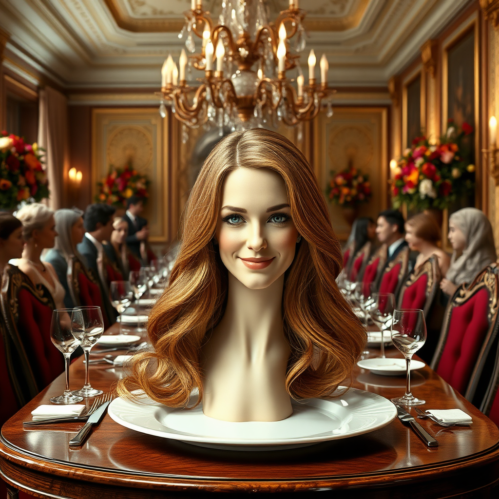 In a surreal and whimsical culinary display, a stunningly detailed representation of Kate Middleton's disembodied head is elegantly arranged on a pristine, white porcelain plate. Her long, flowing hair cascades luxuriously around the edges, each strand meticulously crafted to shimmer in the ambient light, reminiscent of spun gold. The delicate features of her face, perfectly sculpted, convey a serene expression, with a soft, inviting smile that radiates warmth and grace.

The setting is an opulent dining room, adorned with lavish decor. A grand chandelier hangs above, casting a soft glow that dances off the polished wooden table, set impeccably with fine china and sparkling crystal glasses. Surrounding the table are ornate chairs upholstered in rich burgundy fabric, enhancing the refined atmosphere. Lush floral arrangements, bursting with vibrant colors, provide a fragrant backdrop, their sweet scent mingling with the aroma of gourmet dishes being served.

As guests engage in hushed conversations, their excitement palpable, the scene vibrates with a sense of curiosity and intrigue. The juxtaposition of elegance and the surreal adds an unexpected tension, inviting onlookers to ponder the meaning behind this unconventional presentation. The atmosphere is alive with whispered laughter and occasional gasps of surprise, as the exceptional dish takes center stage in this extraordinary banquet.