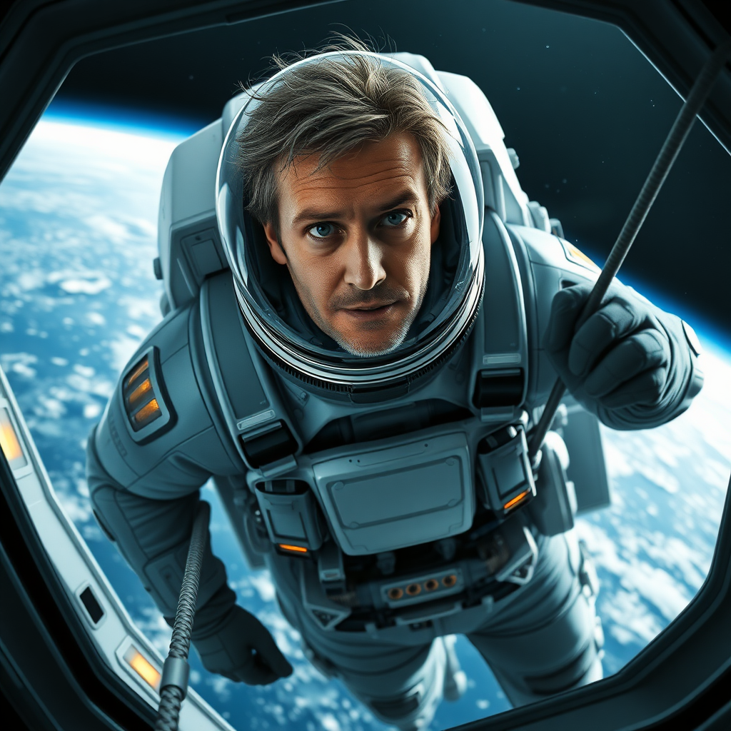 Depict Ryland Grace, a human astronaut from the book Project Hail Mary, floating outside of a futuristic spacecraft. He is wearing a sleek, modern space suit with a transparent helmet revealing his face, showing determination and intelligence. Grace is middle-aged with short, disheveled hair and a slightly rugged appearance, the result of his long journey in space. The suit is adorned with glowing indicators and advanced life-support systems. Ryland is in his suit outside the ship trying to pull himself back to the ship with a metal cable. The environment should evoke a sense of isolation in deep space, yet there is a focus on his critical task of saving humanity.