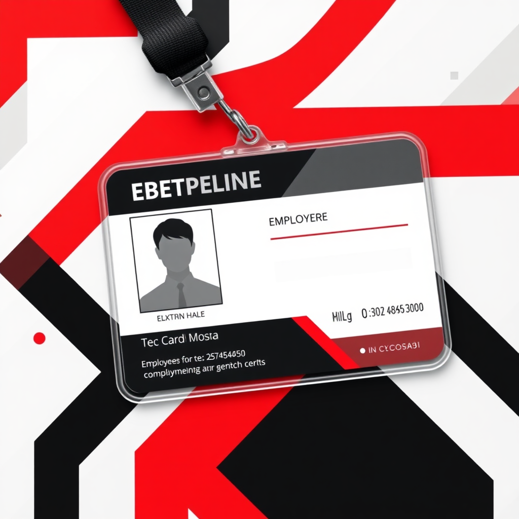 employee id card for tech company, professional themed, red and black dominant color