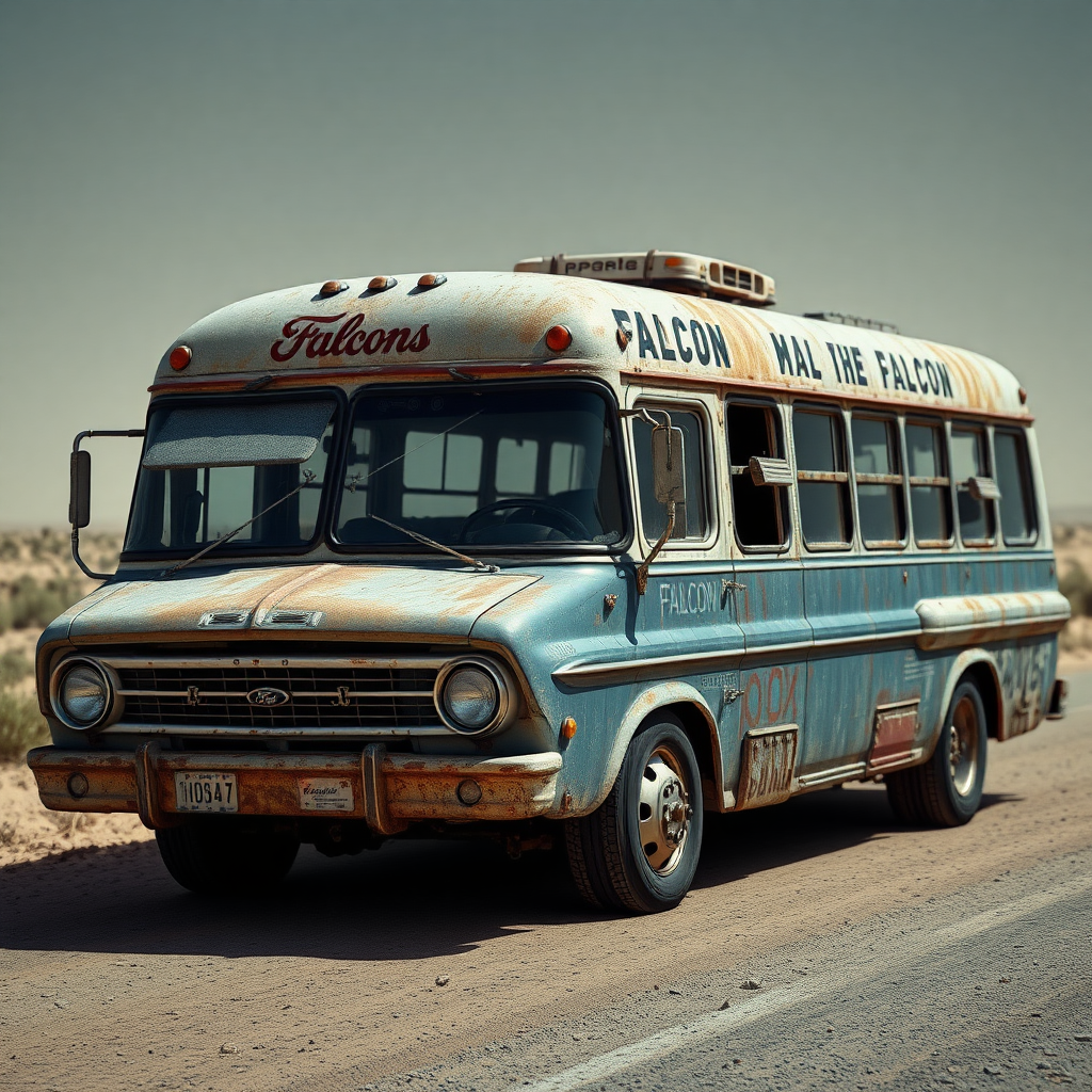 Ford Falcon Mad Max post-Indian apocalyptic dust rusty zombie the bus is parked on the side of the road, inspired by Taiyō Matsumoto, Tumblr, restomod, ND4, C4