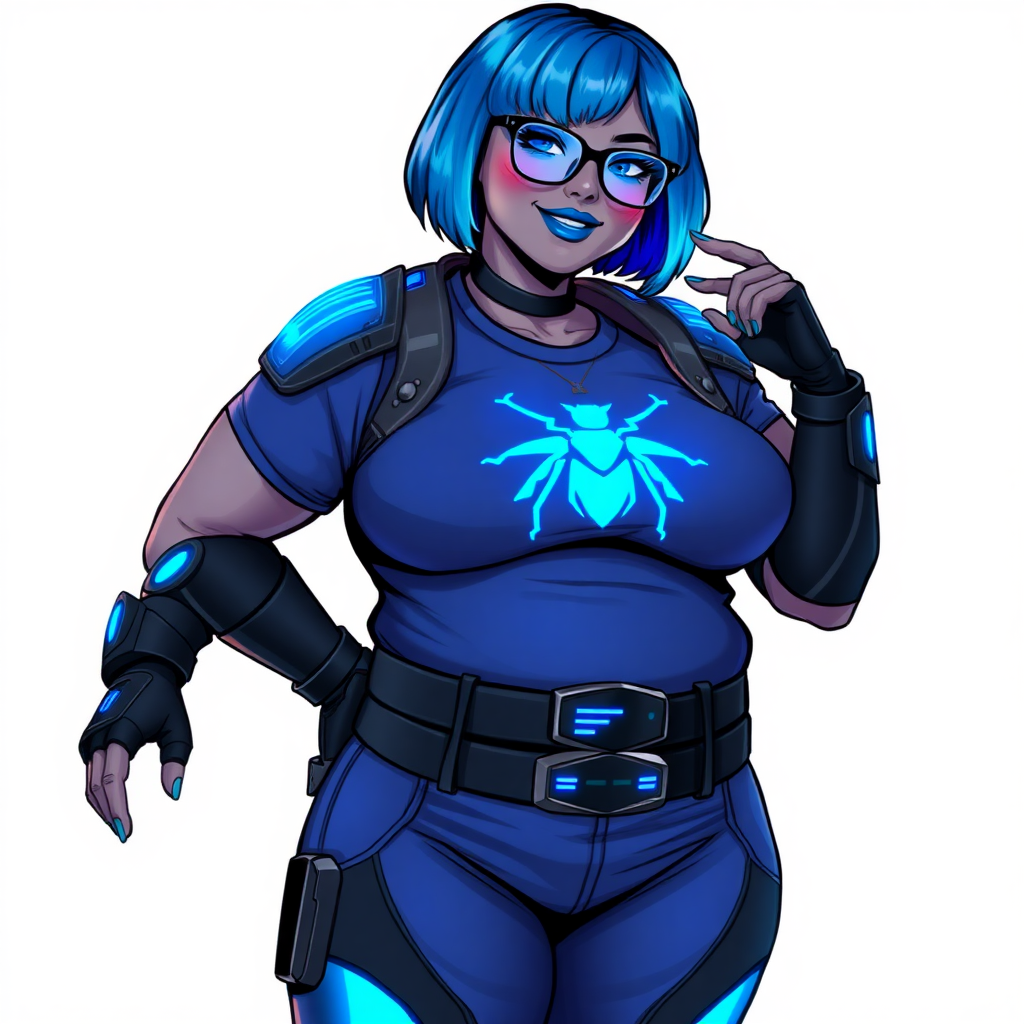 A 28-year-old, full-figured, middle gray skinned computer program hybrid with a maximum blue bob cut. She has a non-athletic build, highlighted by a prominent, round, large midsection (with heavy emphasis on her large belly). As the full-figured digital sidekick to her cyberpunk vigilante boyfriend, her middle gray metallic skin and maximum blue lipstick emphasize her digital nature. She wears a digital, computerized costume inspired by DC’s Carrie Kelly Robin, consisting of a huge, tight-fitting, maximum blue t-shirt with a neon blue glowing chest icon of a beetle, hi-tech shoulder pads with neon blue accents, a black hi-tech belt with a digital neon blue glowing buckle, digital maximum blue pants with neon blue accents, and black hi-tech fingerless biker gloves with neon blue glowing accents. Her neon blue glowing eyes, black eyeglasses with a neon blue glowing HUD built into the lenses, and shy smile with neon red blush accentuate her nerdiness. She stands bashfully with one hand behind her back and the other hand gently touching her cheek, her costume covering all her skin and emphasizing her full-figured physique (especially her belly). She is clearly non-athletic, with a heavy focus on her large belly. Despite her build, she radiates beauty. She has a slim face compared to her physique, accentuating her radiant beauty. She is on a solid white background. She is drawn as if she were in a retro 2D cyberpunk fighting game.