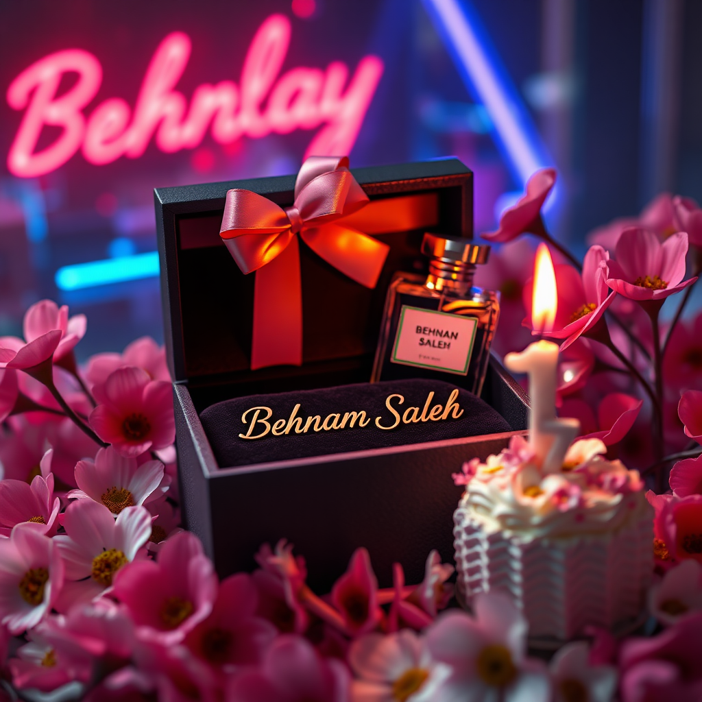 ### **Title:**
**"Behnam Saleh's Exquisite Birthday Gift"**

### **Artistic Vision:**
Create a mesmerizing digital art masterpiece that seamlessly blends hyper-realistic detail with a vibrant, cinematic atmosphere. The artwork should evoke a lasting emotional impact, inviting viewers to explore themes such as the delicate balance between luxury and personalization, and the joy of gifting. This piece aims to captivate audiences with its elegance, sophistication, and profound symbolic resonance, making it the perfect visual representation of a memorable birthday present.

### **Scene Description:**
Depict an exquisitely crafted gift box adorned with intricate detailing, prominently featuring the name "Behnam Saleh" in a sleek, modern font. The box should appear partially open, revealing a collection of luxurious and personalized items inside, including a high-end watch, an elegant eau de parfum bottle, and a small, beautifully decorated birthday cake with a lit candle displaying the number **47**. Surround the box with delicate pink primroses and daisies, creating a striking contrast against the box's dark, velvety interior. Ensure that the additional elements are thoughtfully arranged to maintain a clean and uncluttered scene while enhancing the overall sophistication and allure. Employ hyper-realistic rendering techniques to add depth and dimension. Embrace a neon-infused, dark fantasy aesthetic to create a visually stunning and emotionally evocative scene.

### **Key Artistic Elements:**
- **Lighting & Atmosphere:** Utilize neon lighting to create a cinematic and conceptual ambiance, blending vibrant colors with dark fantasy elements.
- **Color Contrast:** Achieve a stunning contrast between the bright pink flowers and the dark interior, emphasizing the focal points.
- **Textures:** Incorporate varied textures, from the sleek surfaces of the luxury items and the smooth glass of the eau de parfum to the intricate detailing of the gift box and the delicate icing on the birthday cake, enhancing tactile realism.
- **Composition:** Employ off-center placement for the box and its contents to guide the viewer's eye through the scene, balancing intimate close-ups with the broader setting. Ensure that the watch, eau de parfum, and birthday cake are harmoniously arranged to avoid clutter while highlighting each item’s elegance.
- **Symbolism:** Infuse the artwork with subtle symbolic motifs that provoke contemplation on themes like the joy of giving, the value of meaningful gifts, and the personalization of luxury.

### **Technical and Artistic Specifications:**

- **Resolution & Display:**
  - Render in stunning **8K UHD** resolution, ensuring crisp detail and vibrant colors suitable for high-profile platforms like ArtStation and Behance.

- **Digital Art Techniques:**
  - Utilize advanced software such as **Corel Painter**, **ZBrush**, and **Adobe Photoshop** to achieve exceptional 3D volume, precise shading, and ultra-fine detailing.

- **Materials & Textures:**
  - Incorporate high-quality digital pigments, metallic flakes, and glass bead effects to ensure textures appear vibrant and dynamic under various lighting conditions.

- **Lighting & Depth:**
  - Implement a tranquil chiaroscuro effect with a subtle interplay of light and shadow, enhancing depth and clarity.
  - Use soft, delicate colors complemented by nuanced shades of grey, black, and white to add depth without overwhelming the scene.

- **Rendering Quality:**
  - Apply advanced rendering techniques and 3D volumetric effects for unparalleled detail and sharpness.
  - Include hyper-realistic pencil sketch textures to emphasize intricate details.

- **Composition & Focus:**
  - Emphasize gentle, lifelike depth and striking details with a cinematic close-up approach.
  - Use a balanced **f/11 aperture** and a raw photographic style with advanced v6 enhancements to render vivid colors and minute details at an unparalleled level of realism.

- **Overall Harmony:**
  - Achieve maximum harmony across all elements, resulting in a balanced and cohesive composition that captivates both technically and emotionally.

### **Additional Elements to Include:**
- **Symbolism:** Integrate subtle gestures, expressions, or symbolic motifs to add deeper emotional resonance, encouraging viewers to reflect on the depicted themes.
- **Detailing:** Ensure impeccable draughtsmanship with flawless precision in the luxury items, botanical accuracy in the primroses and daisies, and intricate decoration on the birthday cake.
- **Lighting Effects:** Utilize the interplay of light and shadow to evoke lifelike realism and enhance the dreamlike atmosphere.
- **3D Volumetric Effects:** Add depth and spatial qualities to create a more immersive visual experience.
- **Hyper-Realistic Textures:** Ensure all textures appear tactile and vibrant, enhancing the overall realism of the artwork.

### **Final Outcome:**
The final artwork should be a compelling masterpiece that captivates viewers, encouraging them to pause and reflect long after experiencing it. It should demonstrate peerless technical mastery combined with a profound artistic vision, affirming art's vital role in cultural and intellectual life. The signature on the piece should signify its stature, standing proudly alongside works by history’s masters.