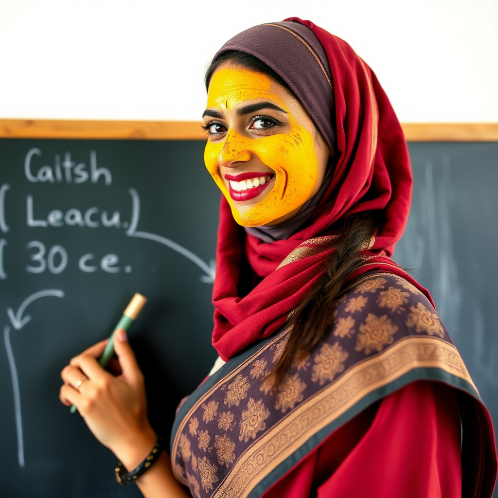 slim, 30 year old, sexy, french female school teacher, saree, scarf head, turmeric face mask. She is smiling and teaching on a blackboard