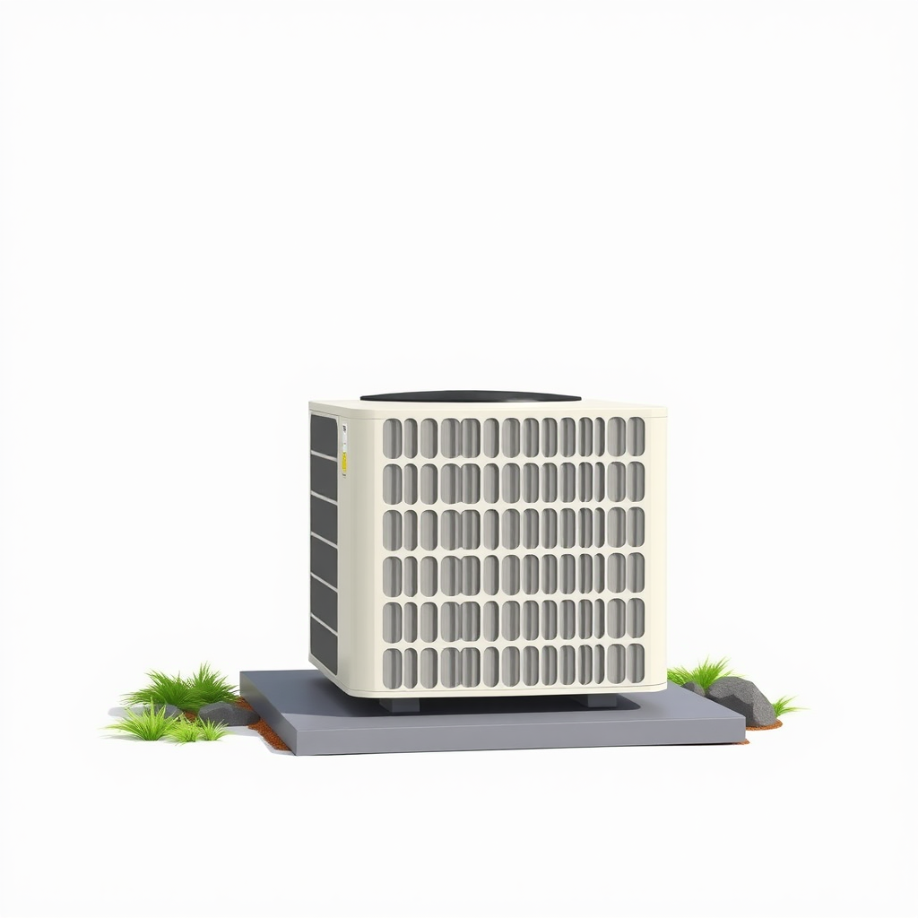 A simple, realistic image of a standard residential outdoor air conditioning unit or condenser. The unit should be placed on a flat surface, such as a concrete pad, and surrounded by some basic landscaping elements like grass, small shrubs, or rocks. The unit should be a neutral color like white, beige, or gray. The image should have a plain, uncluttered background to serve as a generic stock photo.