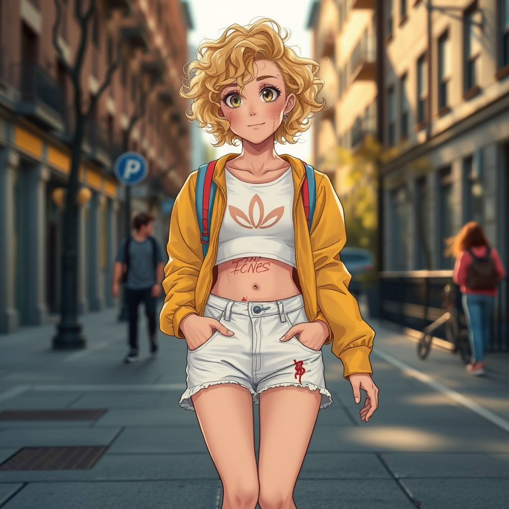 Ultra Realistic taken photo style image, Extremely good quality 8k resolution drawn manga image of a 15 year old petite and short tomboy girl with golden blonde curly hair with mixed and different colored eyes for each eye and moles on her entire body and is a white American girl, Has on a Gold Jacket over a white extremely short crop top only covering her breasts and nothing more with a design on it, and has on ripped shorts and cool looking sneakers and a deep and big wound on her stomach from a huge injury she had, with a bright color backpack, ear piercings on, walking on the street to school in the morning with the beautiful sunlight lighting up her body beautifully with no tattoos.