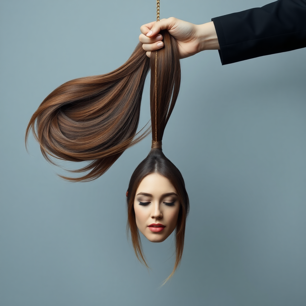 Surreal image of a very long haired woman's beautiful disembodied head hanging by her very long hair. Her very long hair is gathered at the top of her head into a long ponytail that stretches upward into a grasped hand. Plain gray background.