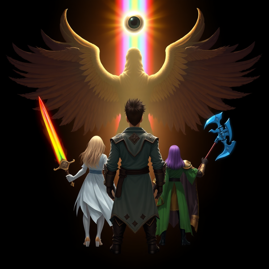 Set against a dark black backdrop, a radiant, rainbow-like barrier shimmers with vibrant hues, illuminating the scene. At the center, a massive entity looms—an unsettling yet angelic figure with a single, malevolent eyeball. Its four wings are spread wide, and its gaze is fixed downward. In the foreground, the badass backside view of a warrior with dark brown fohawk hair stands confidently, gripping a rainbow-colored flaming sword. Alongside him, three others stand ready backside: a mage with long blonde hair in flowing white robes, a fierce purple-haired warrior wielding a massive blue axe backside, and a woman with striking green hair and green-robes backside, completing the team as they face the menacing presence.