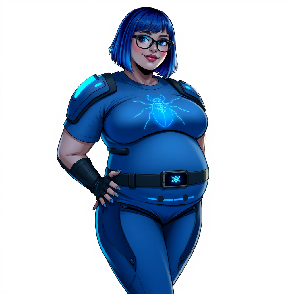 A 28-year-old, full-figured, middle gray skinned computer program hybrid with a maximum blue bob cut. She has a non-athletic build, highlighted by a prominent, round, large midsection (with emphasis on her belly), which shows the aftermath of her pampering. As the heavily pampered digital sidekick to her cyberpunk vigilante boyfriend, her middle gray metallic skin and maximum blue lipstick emphasize her digital nature. She wears a digital, computerized costume inspired by DC’s Carrie Kelly Robin, consisting of a huge, tight-fitting, maximum blue t-shirt (accentuating her belly) with a neon blue glowing chest icon of a beetle, hi-tech shoulder pads with neon blue accents, a black hi-tech belt with a digital neon blue glowing buckle, digital maximum blue biker pants with neon blue accents, and black hi-tech fingerless biker gloves with neon blue glowing accents. Her neon blue glowing eyes, black eyeglasses with a neon blue glowing HUD built into the lenses, and shy smile with neon red blush accentuate her nerdiness. She stands bashfully with her hands behind her back, her costume covering all her skin and emphasizing her full-figured physique (especially her belly). She is clearly non-athletic, with a focus on her full-figured physique. Despite her build, she radiates beauty. She has a slim face compared to her physique, accentuating her radiant beauty. She is on a solid white background. She is drawn as if she were in a retro 2D cyberpunk fighting game.