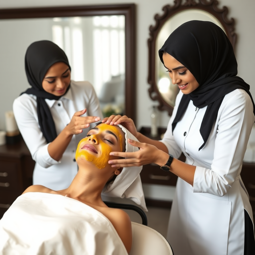 2 slim French maids with hijab, working in beauty parlour, giving turmeric facial to wealthy Indian wife