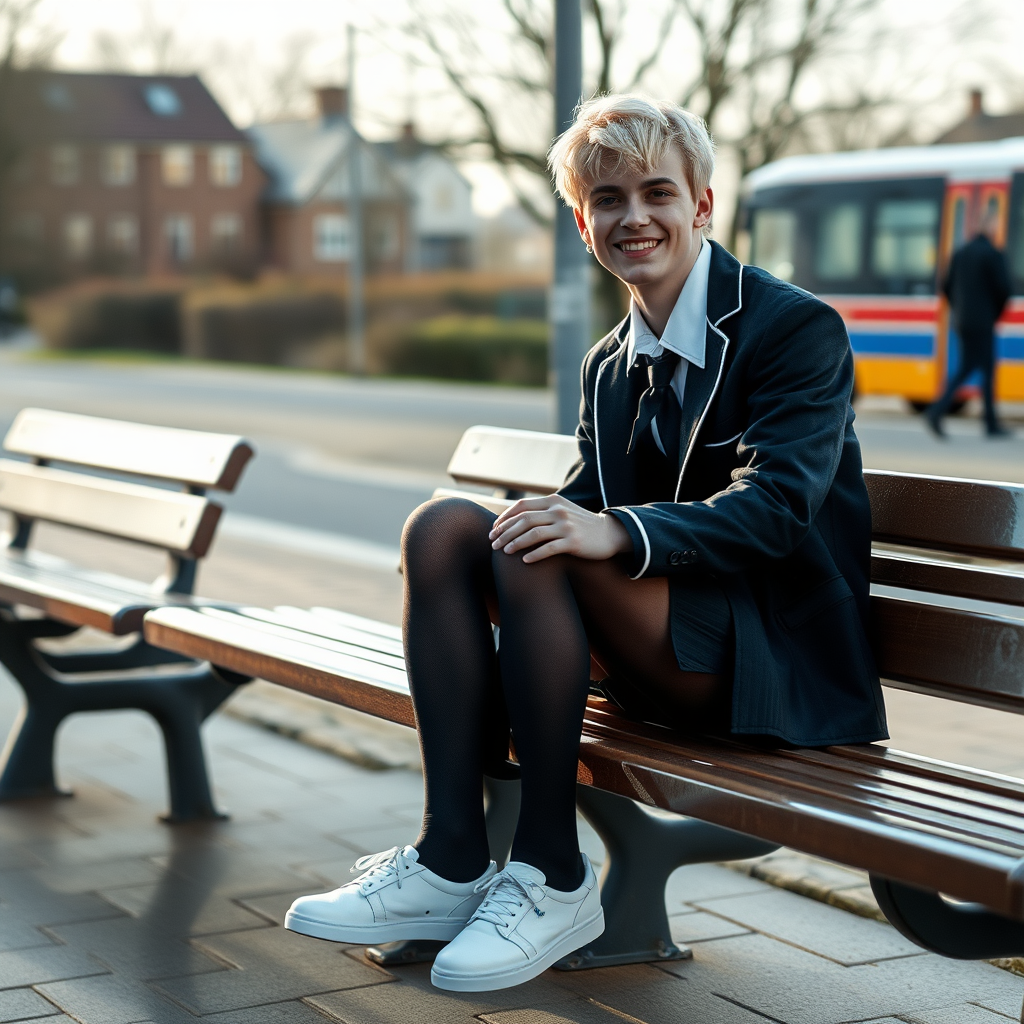 photorealistic, ultra high resolution, 16K, surreal fantasy, soft studio lighting, a pretty 18 year old goth male, slim male physique, short blonde hair, goth makeup, earrings, shiny black pantyhose, UK girls-school uniform, Mary-Jane shoes, sitting on his boyfriends lap on a bench waiting for the school bus, in daylight, excited smile, facing the camera.