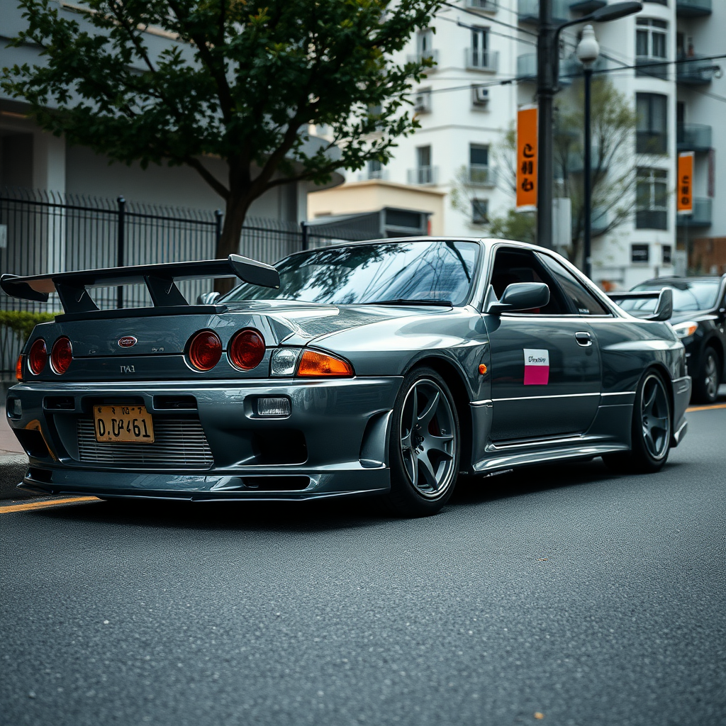 the car is parked on the side of the road, inspired by Taiyō Matsumoto, tumblr, restomod, nd4, c4 metallic shine nissan skyline r34 kalabalik tokyo gece arkaplan