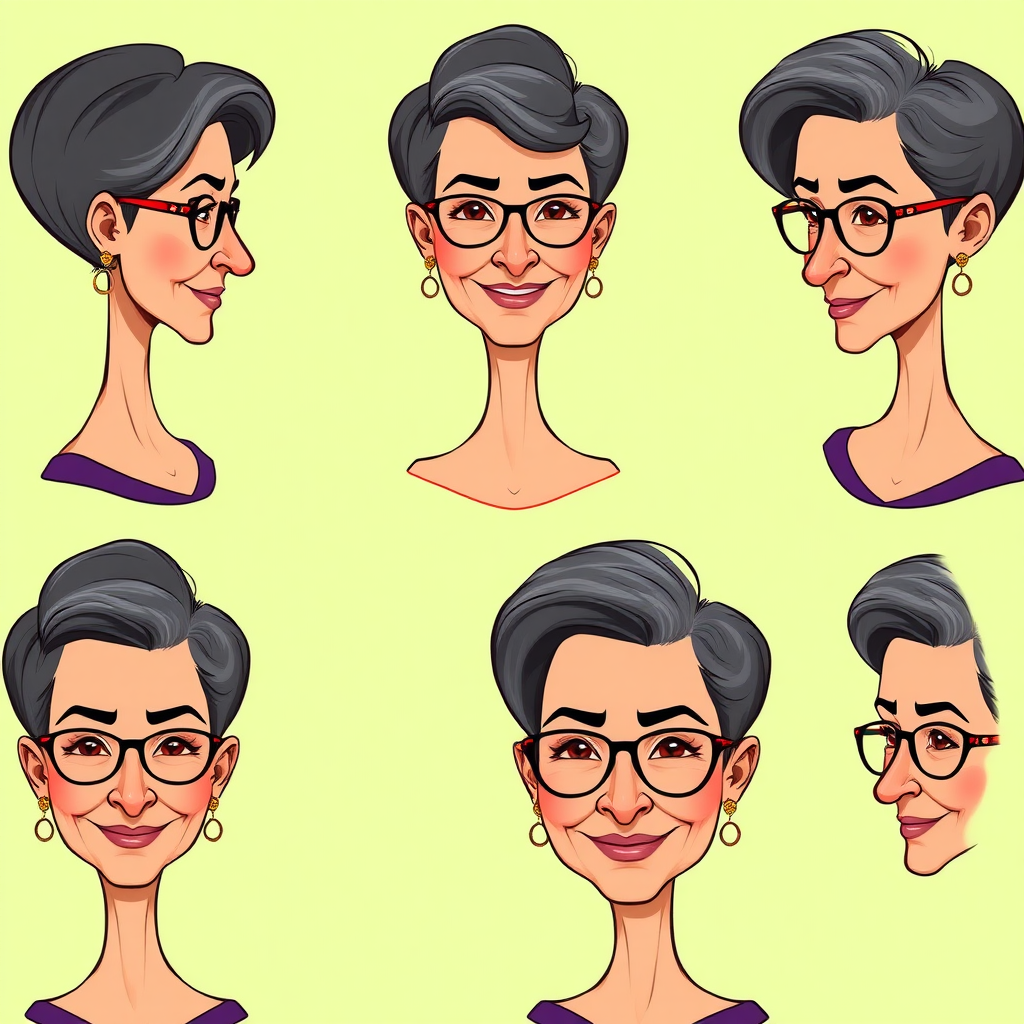 Photorealistic image of six headshots of a 50 Years old, fit, European, Latina, sharp aquiline nose, wrinkles, high cheekbones, Middle Eastern, Skinny, Tanned skin, Dark light skin, full Makeup, jewelry, Sharp nose, frowning, exaggerated cartoon expression, lascive smile, dark grey Ash hair, short bowl haircut, Brown eye color, half closed eyes, round Glasses, with detailed features. Each photo displays the same face in back, profile and front view, cut out and isolated on a green background. All six heads are visible side by side, empty space around each view, no overlapping. 2D, caricature, cartoon, Sketch lines, coloring book style, well composed, clean coloring book page, No dither, no gradient, strong outline, vector illustration