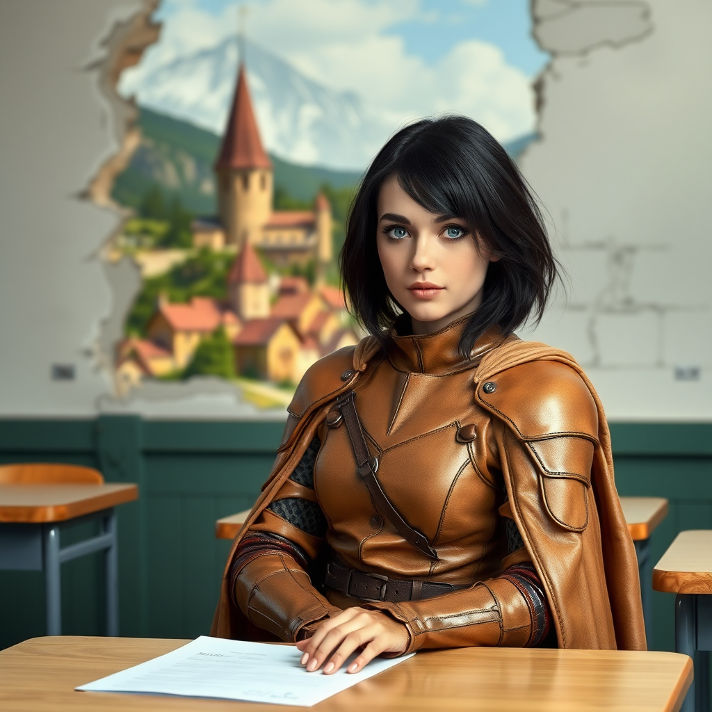 beautiful young woman, dark hair past her shoulders, blue eyes, small, slim figure, wearing light brown full leather armor suit with long cape, sitting in a school classroom at student desk with the wall missing with a beautiful medieval village in the background.