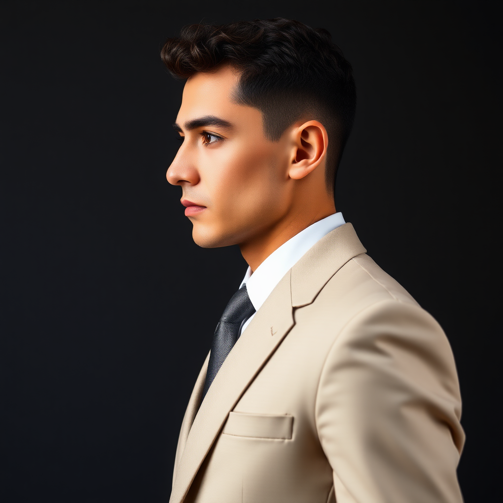 Model man in profile, dressed in a light elegant suit, patent leather shoes, very short fine curly hair, oval face, small nose, brown eyes, thin lips, normal attached ears, slight double chin, Mediterranean complexion, very thin eyebrows.