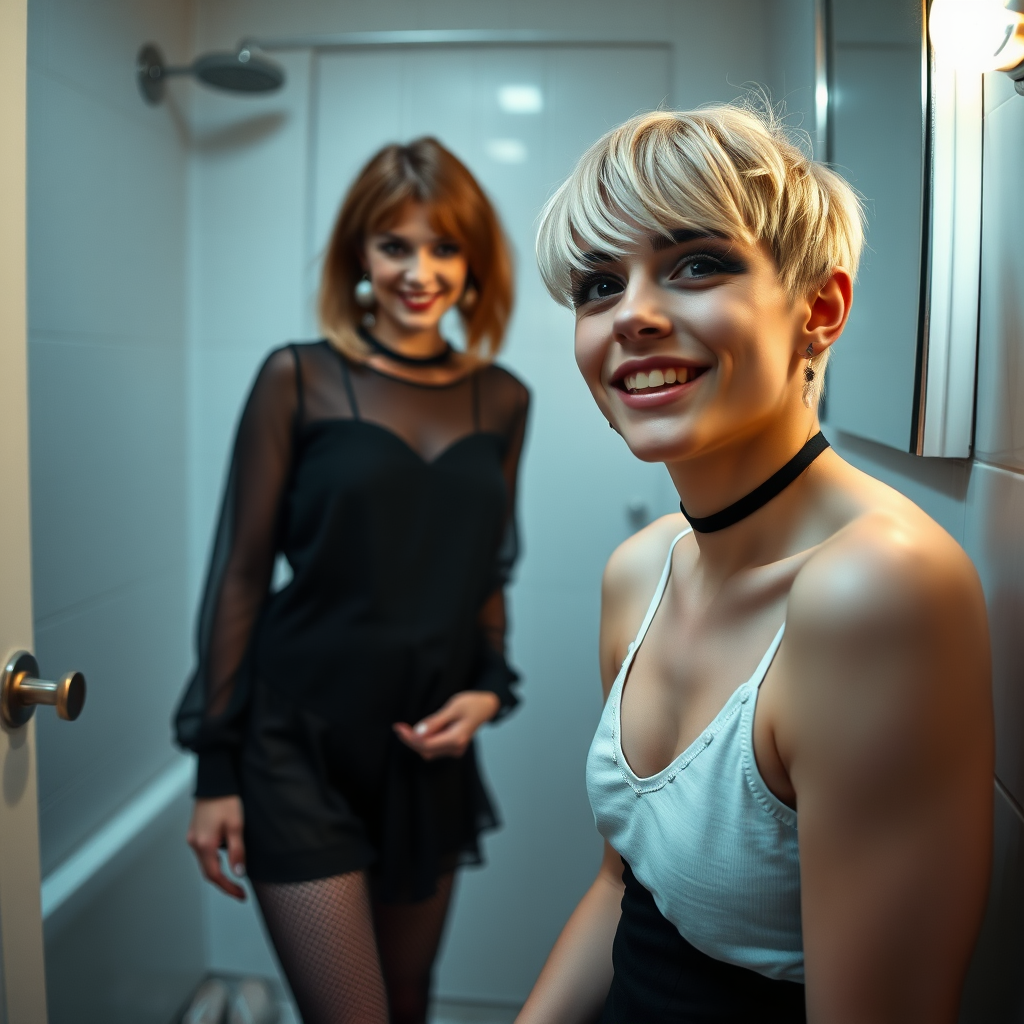 photorealistic, ultra high resolution, 16K, surreal fantasy, studio lighting, a 35 year old mother who is fully dressed for work is watching her pretty 14 year old goth son, slim male physique, short blonde hair, goth makeup, earrings, pantyhose, white ballet shoes, in the bathroom, excited smile, facing the camera.