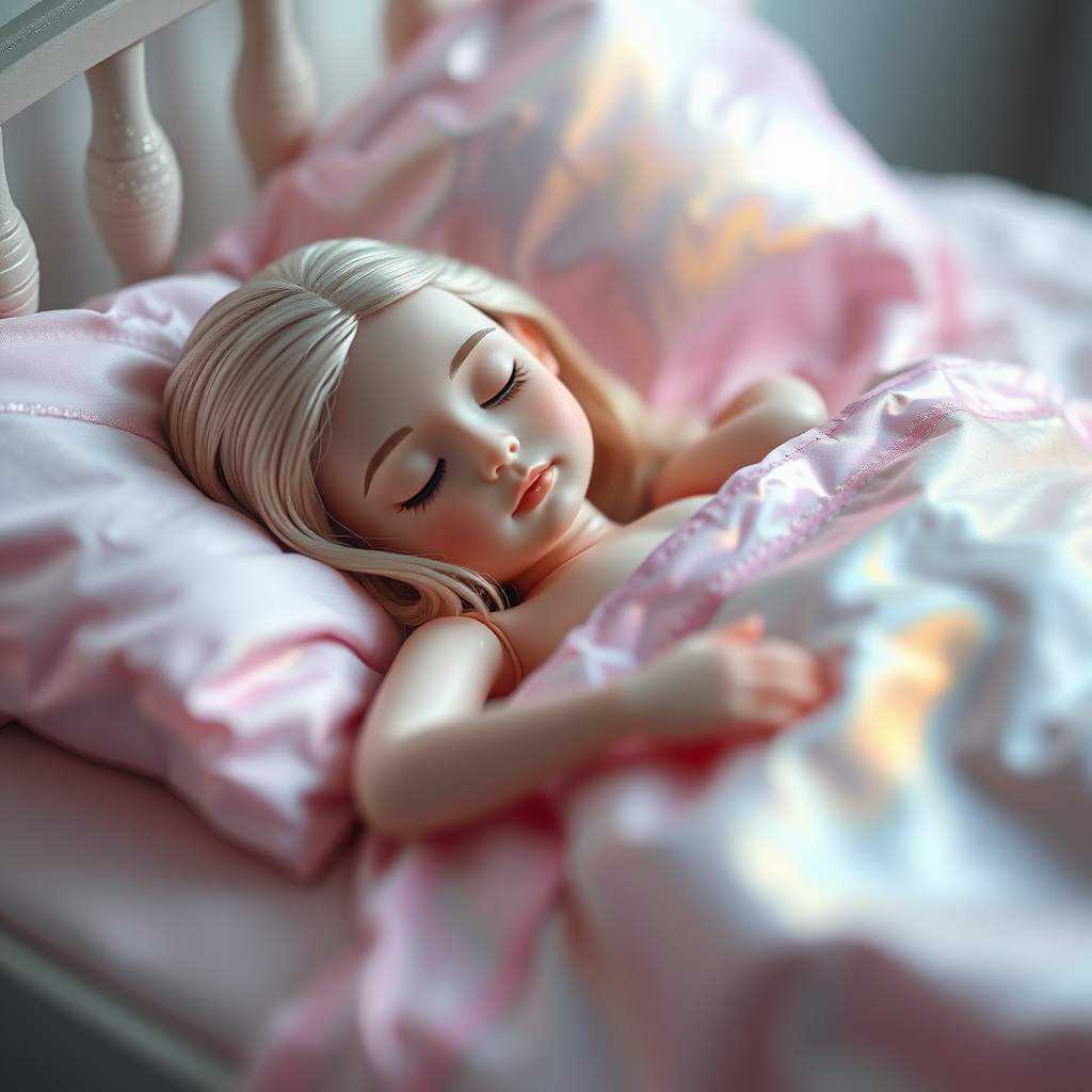 porcelain doll sleeping in bed, iridescent, glittering, panoramic landscape, focus stacking, abstract, minimalist art, in focus, preteen girl