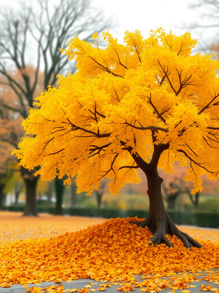 Draw it as if it were real, with an old, large, yellow ginkgo tree standing on the right, and ginkgo leaves piled up underneath, to express the fall when the ginkgo leaves fall, and the background should be out of focus to express an autumn park.