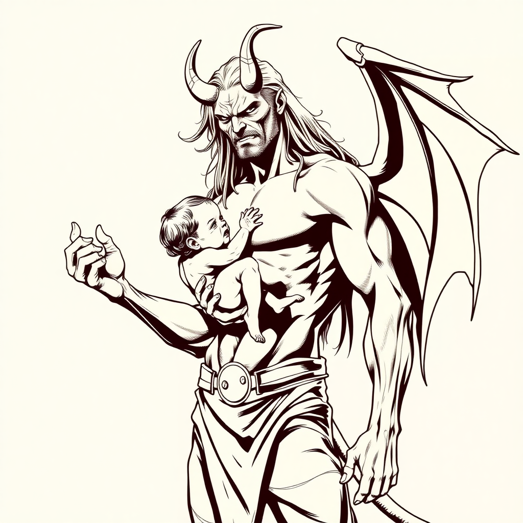 shirtless long hair demon man carrying baby, dc comics style, colorless, no shading