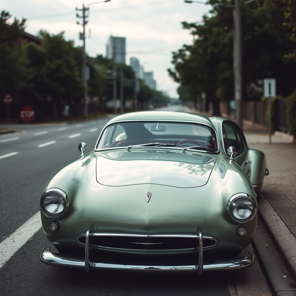 metallic shine classic car is parked on the side of the road, inspired by Taiyō Matsumoto, tumblr, restomod, nd4, c4