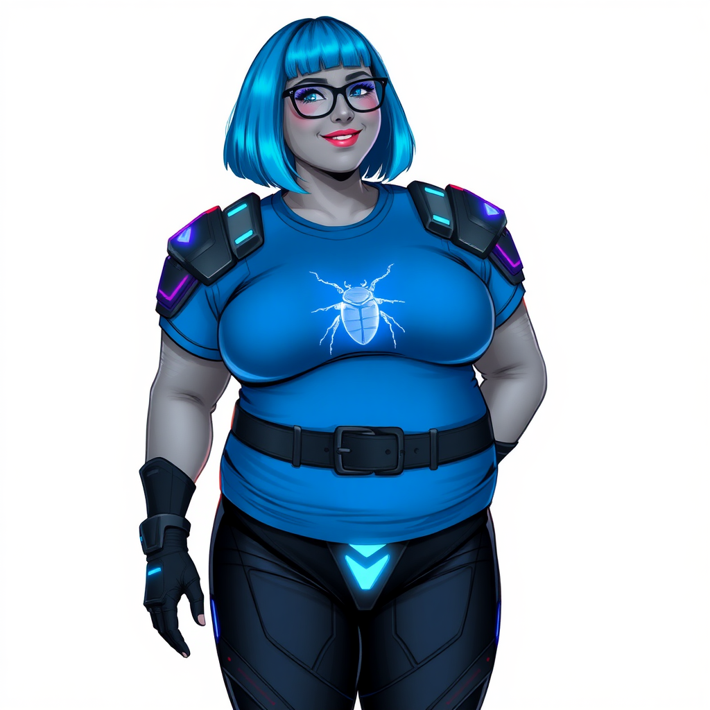 A 28-year-old, full-figured, middle gray skinned computer program hybrid with a maximum blue bob cut. She has a non-athletic build, highlighted by a prominent, round, large midsection (with heavy emphasis on her belly). As a digital sidekick, computer hacker, and nerdy girlfriend to her cyberpunk vigilante boyfriend, her middle gray metallic skin and maximum blue lipstick emphasize her digital nature. She wears a digital, computerized costume consisting of a gargantuan, tight-fitting, maximum blue t-shirt with a neon blue beetle chest icon, hi-tech shoulder pads with neon blue accents, a black belt with a digital neon blue glowing beetle buckle, black biker pants with neon blue glowing accents, and black hi-tech gloves with neon blue glowing accents. Her bright blue eyes, black eyeglasses, and lovestruck smile with neon red blush accentuate her nerdiness. She stands bashfully with her hands behind her back, her costume covering all her skin and emphasizing her full-figured physique (especially her belly). She is clearly non-athletic, with a focus on her full-figured physique. Despite her build, she radiates beauty. She is on a solid white background. She is drawn as if she was in a retro 2D cyberpunk fighting game.