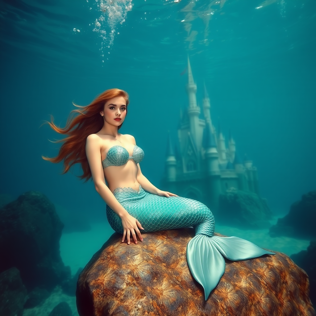 A photograph of a mermaid, underwater and sitting on a rock. A castle is in the background.