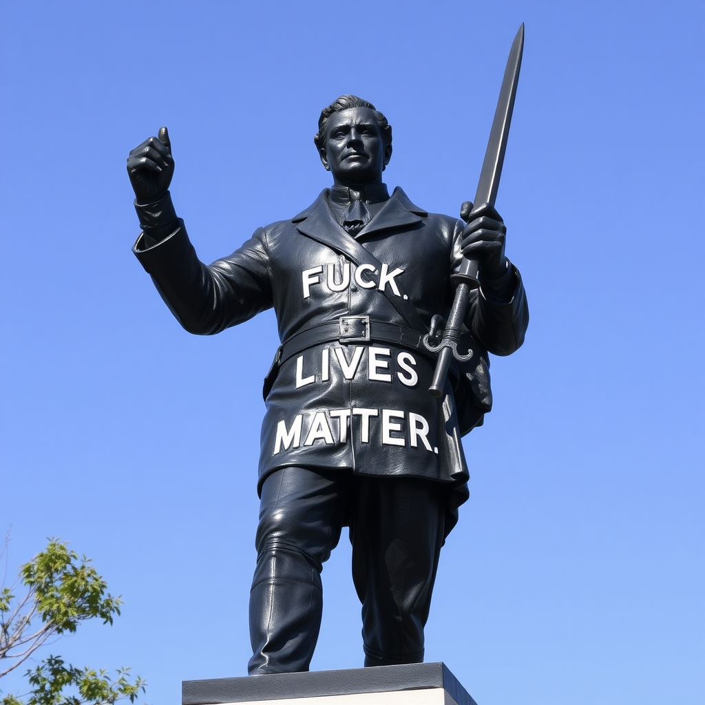 Fuck 
Lives Matter
black statue of George Perry Floyd Jr. with a sword posing and 'Fuck Lives Matter' around it