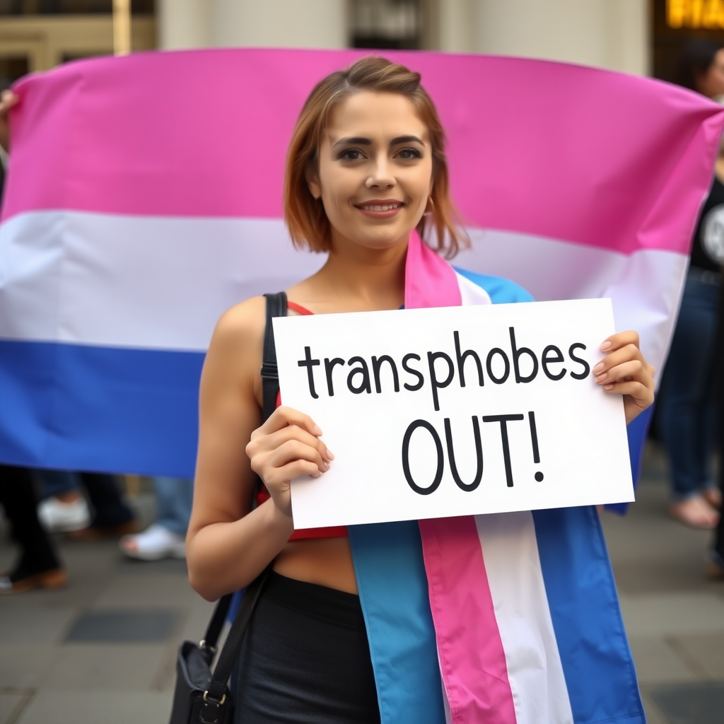 a transgender woman with the transgender flag holding a sign that says "transphobes OUT!"