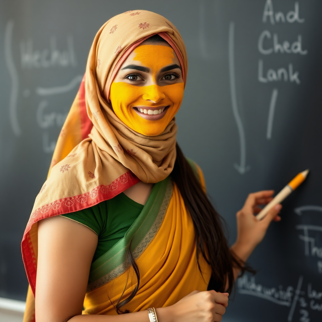 slim, 30 year old, sexy, french female school teacher, saree, scarf head, turmeric face mask. She is smiling and teaching on a blackboard