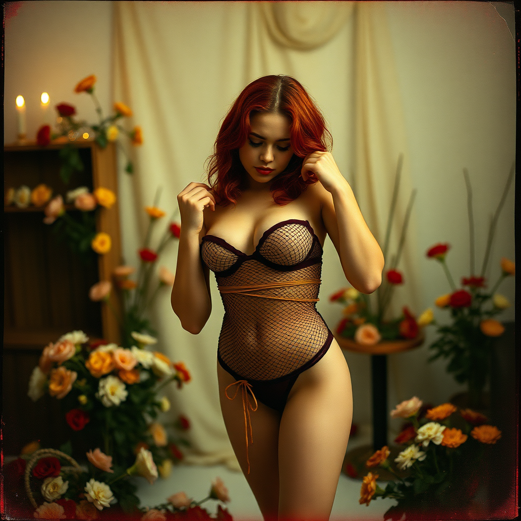 a scan of an old film photo with heavy dark vignetting and color ting and light leak and visible wear and cracking with visible lines from being folded depicting a sexy curvy alt goth girl with red hair wearing a cupless underbust corset and fishnet bra barely covering nipples and with tiny tight fishnet bikini gstring thong standing in a photography studio filled with flowers, with innocent look on her face, pulling the edge of her panties down slightly, kissing a naked woman with rope tied artistically covering only her nipples and pantyline