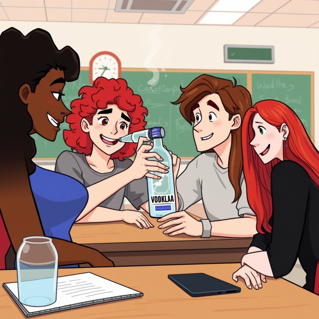 A black person with wavy hair, a curly-haired redhead, a guy with long brown hair, and a non-binary person with red hair are all drinking a bottle of vodka together in a classroom at school during a lesson in animated style.